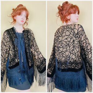 1990s Vintage Rayon Burnout Velvet Jacket Silk Fringe Trim Piano Shawl